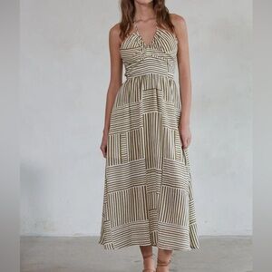 By Together Halter Midi Dress Olive Green Cream Striped Patchwork Women’s Large